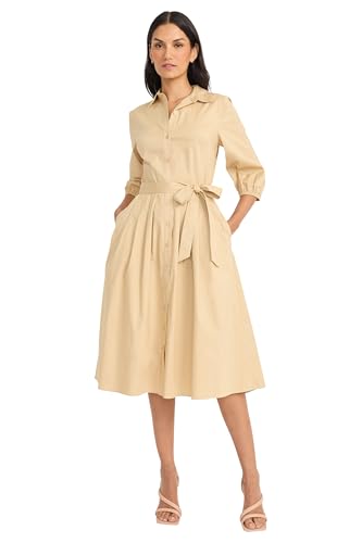 Image of Maggy London Women's Women's Button Down Collared Midi Dress with Pockets - 3 /4 Balloon Sleeve - A-line Shirtdress