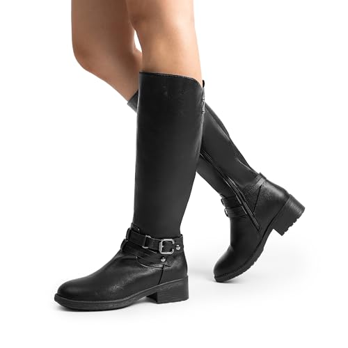DREAM PAIRS Women's Knee High Boots, Buckle Riding Boots,Size 7,Black,UNCLE
