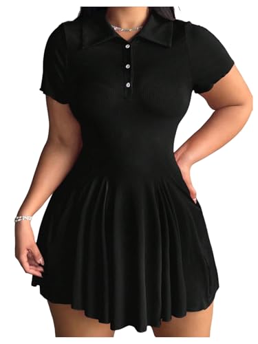 Women's Plus Size Ribbed Knit Golf Dress Button Front Short Sleeve A Line Collared Shirt Dresses