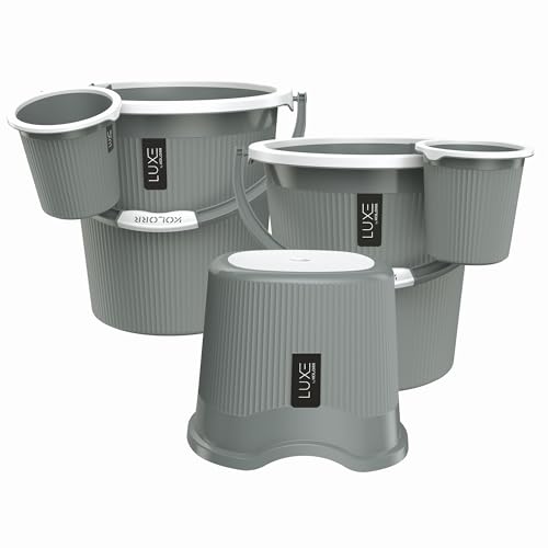 Image of KOLORR Luxe Bathroom Set (Bucket 20L x 2) + (Mug 1.5L x 2) + (Luxe Patla x 1)|Sturdy and Durable |Lightweight| Easy to Clean and Attractive Design|Pack of 5| PNT Grey 431C