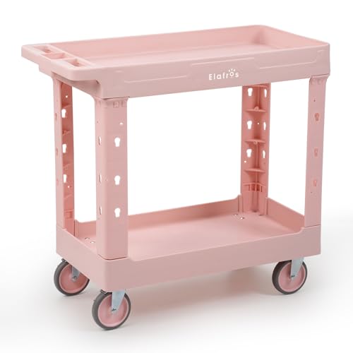 Image of ELAFROS 2-Tier Rolling Storage Cart, 34 x 17 in Plastic Utility Cart with Deep Tub Shelves and Swivel Wheels, 550 lbs Capacity, Sakura Pink