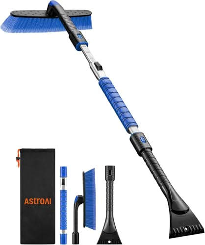 AstroAI 47.2' Ice Scrapers for Car Windshield and Extendable Snow Scraper with Foam Grip and 360° Pivoting Brush Head for Christmas Car Auto Truck SUV(Blue)