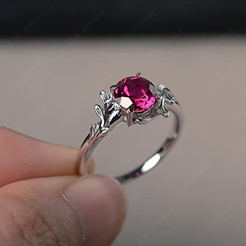 LUO 925 Sterling Silver Rings 7MM Round Shaped Gemstone Engagement Rings with Leaf Design Promise Rings for Her Birthday Christmas Valentine's Day Jewelry Size 3-133