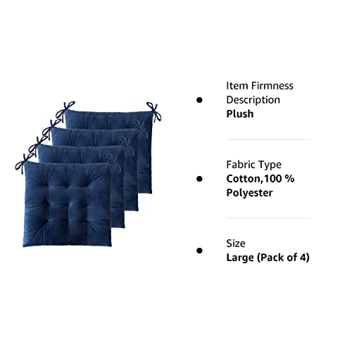Elfjoy Set Of 4 Cotton Square 16” X 16” Tufted Chair Pads Indoor Seat Cushions Pillows With Ties (Navy Velvet) #TOP6