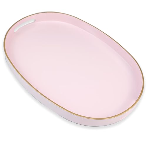 Omuriko Pink Oval Decorative Tray with Handles, Versatile Serving Tray for Coffee Table, Ottoman, Ideal for Serving, Displaying, Organizing