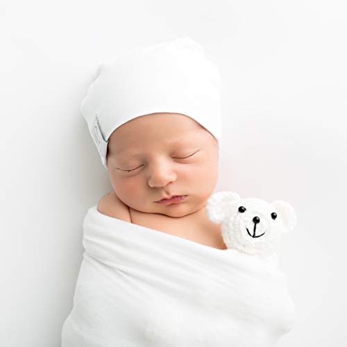 Image of Ely's & Co. Cotton Knit Jersey Swaddle Blanket and 2 Beanie Gift Set, Large Receiving Blanket - White