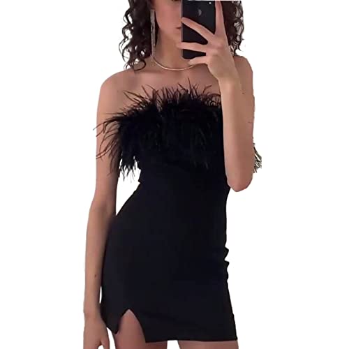 Soliloquy Women's Sexy Feather Party Coctail Dress Faux Fur Trim Elegant Spaghetti Strap Bodycon Mini Dress Evening Club Wear (E-Black Off Shoulder Tube Dress, Small) #TOP11
