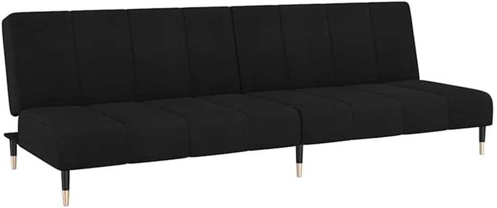 BOWERY HILL Metal 2-Seater Sofa Bed, Black Polyester Velvet Fabric, Convertible to Bed with Adjustable Armrests, Solid Wood Frame, Modern Style for Living Room or Guest Room, 33.3 x 78.7 x 27.2 in