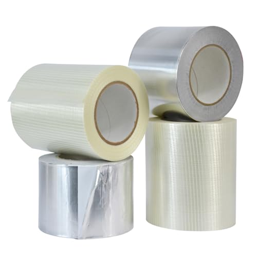 MAT Hexayurt Tape Bundle for Burning Man Rave Camping Tents, 2 Rolls of 6 inch Bi Filament Strapping Tape 60 yds + 2 Rolls of 4 inch Aluminum Foil Tape 50 yds. Strong Adhesion Tear Resistance