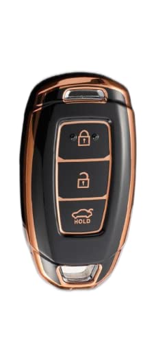 Image of TPU Car Key Cover Black & Golden Compatible for Hyundai Kona Electric, Verna (Hyundai, 3 Button Push Start Key)