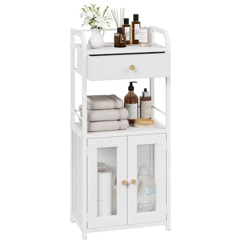 SWTYMIKI 14.57x32.28 Bathroom Storage Cabinet Freestanding Toilet Paper Storage with Doors & Drawer Bathroom Organizers and Storage for Small Spaces Laundry Room Ideal for Towels White