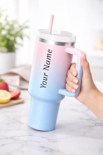 Image of Zephorus Personalized Stainless Steel Tumbler with Handle, 1200ml Capacity, Black Insulated Travel Mug with Straw, Custom Name Design (Candy)