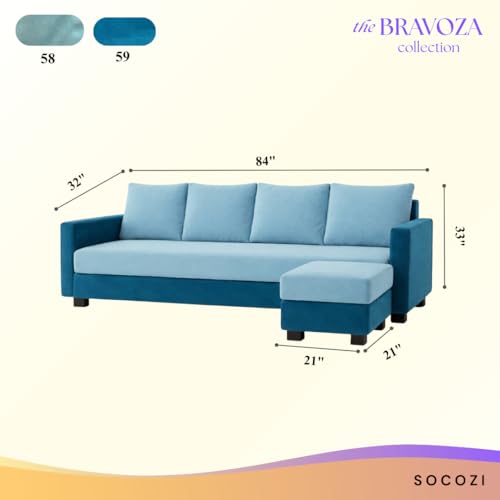 Image of SOCOZI Braven 5 Seater L Shape Sofa Set with Movable Ottoman | Flexible Layout | Soft Velvet Suede Fabric | Modern Design | Plush Comfort Cushions for Living Room (Sky Blue-Aqua Blue)