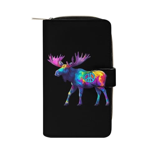 Peace Sign Tie Dye Moose Womens PU Leather Wallet Long Purse Clutch Organizer for Office Travel