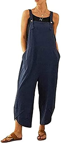 Arssm Women's Casual cotton Wide Leg Overalls Baggy Jumpsuit with Pockets (NavyBlue, Large)