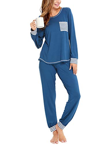 SWOMOG Women s Pajamas Set Long Sleeve Top with Pants 2 Pieces Sleepwear Soft Modal Pj Set Blue