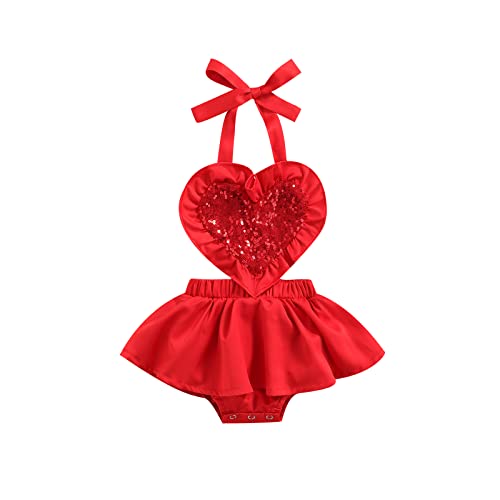 FIOMVA Newborn Baby Girl Valentine's Day Romper Dress Sleeveless Backless Heart Print Sequin Onesie Tutu Skirt Sundress (Red Heart Red Dress,12-18 Months)