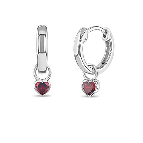 Image of In Season Jewelry Simulated Birthstone Heart Charm Girls Hoop Earrings for Kids - 925 Sterling Silver Little Girl Hoop Earrings - Hypoallergenic & Comfortable with Secure Latch Closure