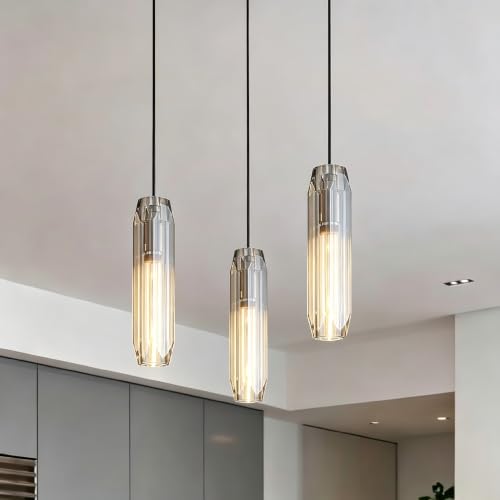 Image of 11.8 inch Modern Pendant Light Fixture with Amber Crystal Lampshade, Adjustable Hanging Ceiling Pendant Lighting for Kitchen Island Dining Room Bar Counter
