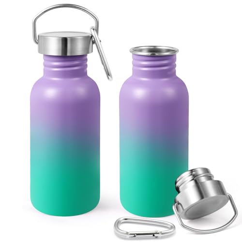 Volhoply 16oz Uninsulated Single Walled Water Bottles 2 Pack, Stainless Steel Kids Water Bottle with Handle & Carabiner, BPA Free Reusable Water Flask for Camping Hiking Biking (Purple Green,2)