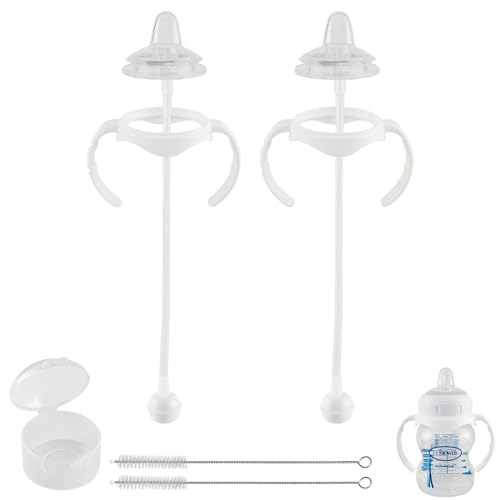 Sippy Cup Conversion Kit for Dr Browns Wide-Neck Baby Bottles, Spill-Proof Transition Kit with Silicone Sippy Nipple, Weighted Straw, Handle, 2 Pack, 6m+