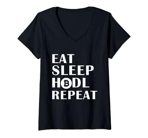Mujer Comer Dormir Hodl Repita Digital Moneda Criptodivisa Dinero Camiseta Cuello V