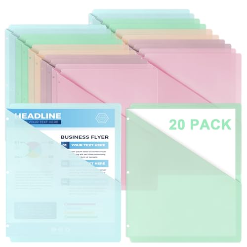 20 Pack Binder Pocket Letter Size Clear Plastic Document Folders File Folders Plastic 3 Hole Punch Binder Folders Binder Dividers with Pockets Binder Folders Side Loading 11x8.9 inch Assorted Colors