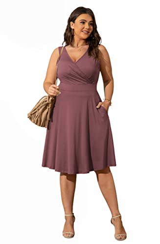 Image of POSESHE Womens Plus Size Dresses Sleeveless Wrap V-Neck Sundress Casual Summer Wedding Guest Cocktail Dress with Pockets