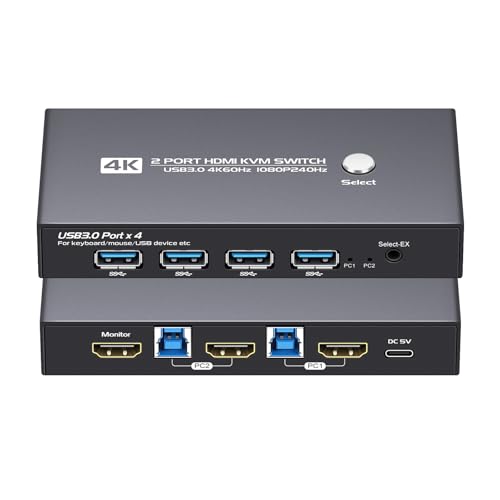 HDMI KVM Switch 2 Port Box, 1 Monitors 2 Computers Edid Emulator, USB 3.0, 4K@60Hz, 2K@144Hz KVM Switches for 2 Computers Share Keyboard Mouse Printer and one HD Monitor, Support EDID Copy