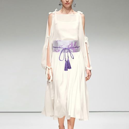 Chinese Han Dynasty Hanfu Clothing Waistband with Tassels Wide Tie Belt with Chinese Ink Painting Flower Pattern3