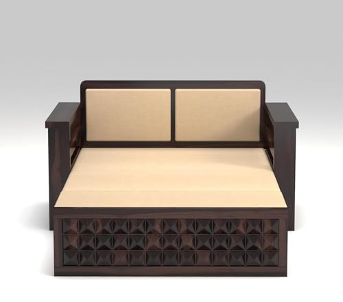 Image of Wooden Sofa Cum Bed | Sheesham Wood Sofa Bed for Living Room | Handmade Heavy Duty Foldable Sofa Cum Bed with Mattress Option | Traditional Modern Design (Allis Walnut)