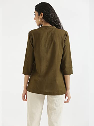 Image of SAADAA Women Short Kurti Airy Linen Regular Fit Kurta with 3 /4th Sleeves, Mandarin Collar, Side Slit Perfect for Casual, Formal, and Ethnic Wear