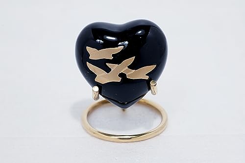 Royal Rapture Urn for Ashes Funeral Memorial Cremation Keepsake Love Urns Decorative Brass Heart with Stand (Black Bird, 3") RHM03-13