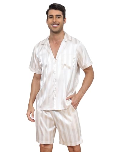 El Mejor Listado de Pijamas Caballero - 5 favoritos. 46 BigKing Pijama Hombre Seda Simulada con Rayas - Conjunto Manga Corta y Shorts Transpirable, Tejido Satén Suave para Dormir/Descanso (Tallas S-XXL) (MX/US, Alfa, Chico, Regular,...