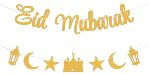 Eid Mubarak Banner - Happy Eid Party Decor Moon and Star Ramadan Home Mantel Fireplace Decoration Gold Glitter