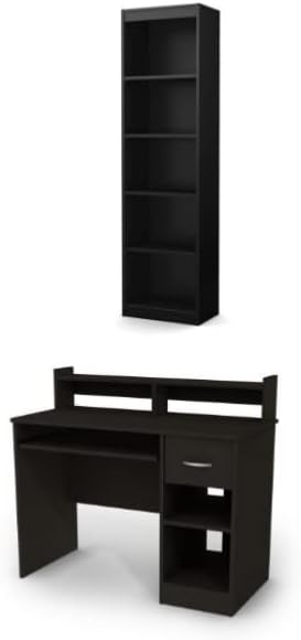 South ShoreAxess Desk with Keyboard Tray and 5-Shelf Narrow Bookcase Set Black