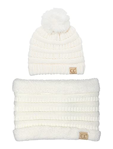 Image of Funky Junque Kids Winter Fleece Lined Neck Warmer Ribbed Knit Pom Pom Winter Beanie Bundle Cold Weather Gaiter Toddler