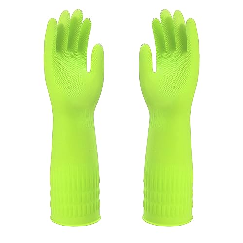 COMNICO Rubber Cleaning Gloves 15inch Extra Long Waterproof Non-Slip Reusable Housework Bathroom Kitchen Grippy Latex Supplies for Dish Washing Bleaching, 1 Pair Red or Green (Green)
