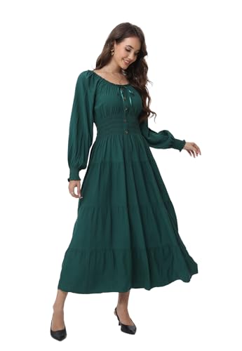Image of OSTOO Women's 2026 Casual Long Sleeve Square Neck Smocked High Waist Flowy Maxi Dress,Boho Tiered Beach Party Dress