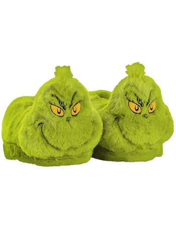 Dr. Seuss The Grinch Slippers for Kids with Plush Lining Faux Fur & Anti Slip Soles - Cozy Christmas Holiday Footwear L/XL Green
