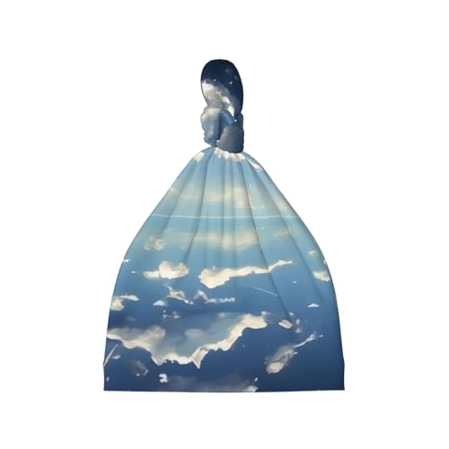 Blue Sky and White Clouds Print Newborn Baby Hat, Soft Top Knotted Beanie Cap, Cute Infant Headwear for 0-6 Months Welcome Party