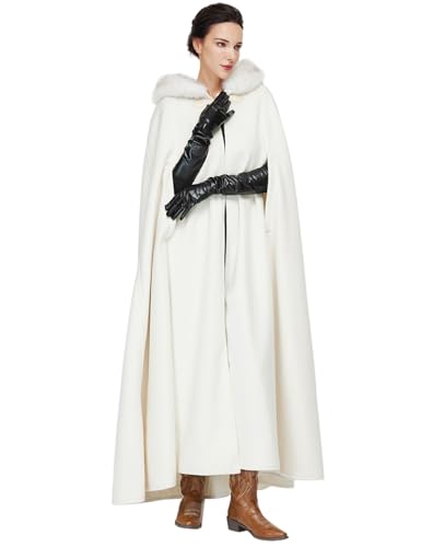 BEAUTELICATE Women Hooded Cape Coat Long Wool Cloak With Hood Vintage Overcoat Plus Size for Winter Wedding Bride Medieval Halloween Christmas Cosplay Costume 140cm, Ivory