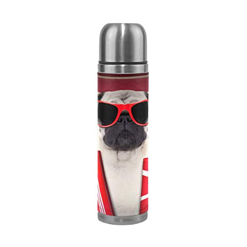 Mnsruu Funny Pug Dog Isolierte Wasserflasche Thermoskanne Edelstahl Doppelwandig Auslaufsicher Vakuum Reisekaffeetasse Echtes Leder Abdeckung 500 ml