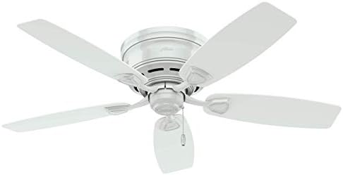 Hunter 48 inch Outdoor or Indoor Ceiling Fan No Light - Low Profile Mount, White Ceiling Fan without Light, For Patio, Porch, Garage, or Living Room, 5 Blades, Pull Chain - Sea Wind 53119, White