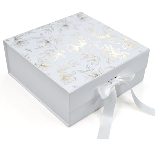 Image of RBS-MEDIUM White Gift Box Empty 26x26x10cm Decorative Floral Gift Boxes for Presents (1 Pack) Box for Gift Packing Multipurpose Hamper Boxes for Gift Empty Reuse Packaging Boxes (White Gold Floral)