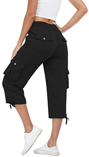 Miss Moly Women's Cargo Capris Hiking Running Pants Loose Button Decor Lightweight Quick Dry Athletic Outdoor Black M #TOP5