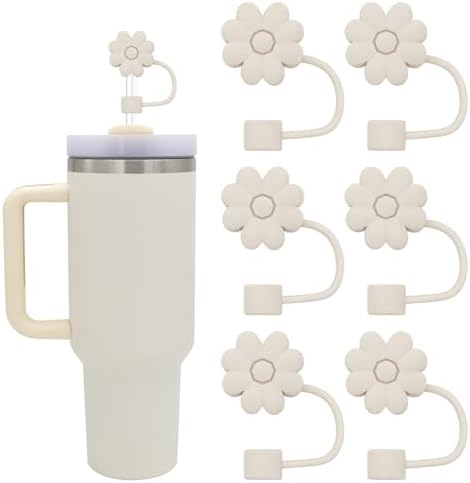 4Pcs 0.4in Diameter Cute Silicone Straw Covers Cap for Stanley Cup, Dust-Proof Drinking Straws Reusable Straws Tips Lids (6 PCS Flower Straw Covers-Off White)