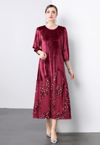 LAI MENG FIVE CATS Women's Velvet Crew Neck Three-Quarter Sleeves Lace Patchwork Sequins Midi Dress with Belt4