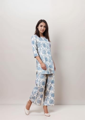 Shienzy Stylish Printed Cotton Blend Co Ord Set For Women || Casual & Festive Indo-Western Outfit || Kurta Pant Set (1590Shz_Bl_Xxl) Blue