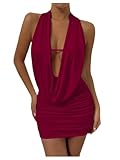 SOLY HUX Women's Sexy Deep V Neck Halter Bodycon Mini Dress Sleeveless Party Club Dresses Solid Burgundy Medium